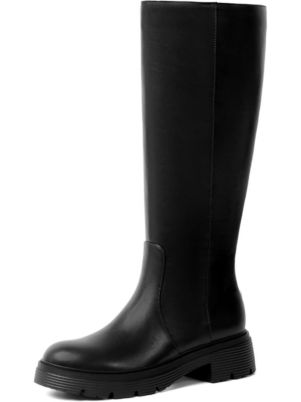 Women's Black Casual Vintage Round Toe Pull On Chunky Block Heel Knee High Boots